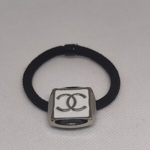Black CC Hair Tie with Silver and White Logo Charm